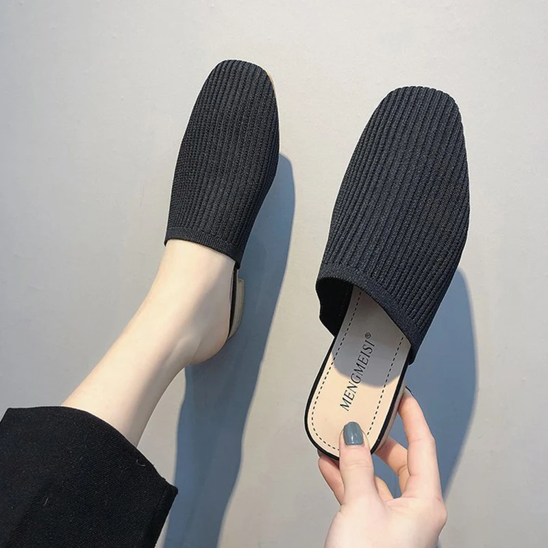 2022 Women Mules Slippers Female Summer Flats Sandals Knit Fabric Stretch Slides Holiday Beach Shoes Square Heel Square Toe Flat