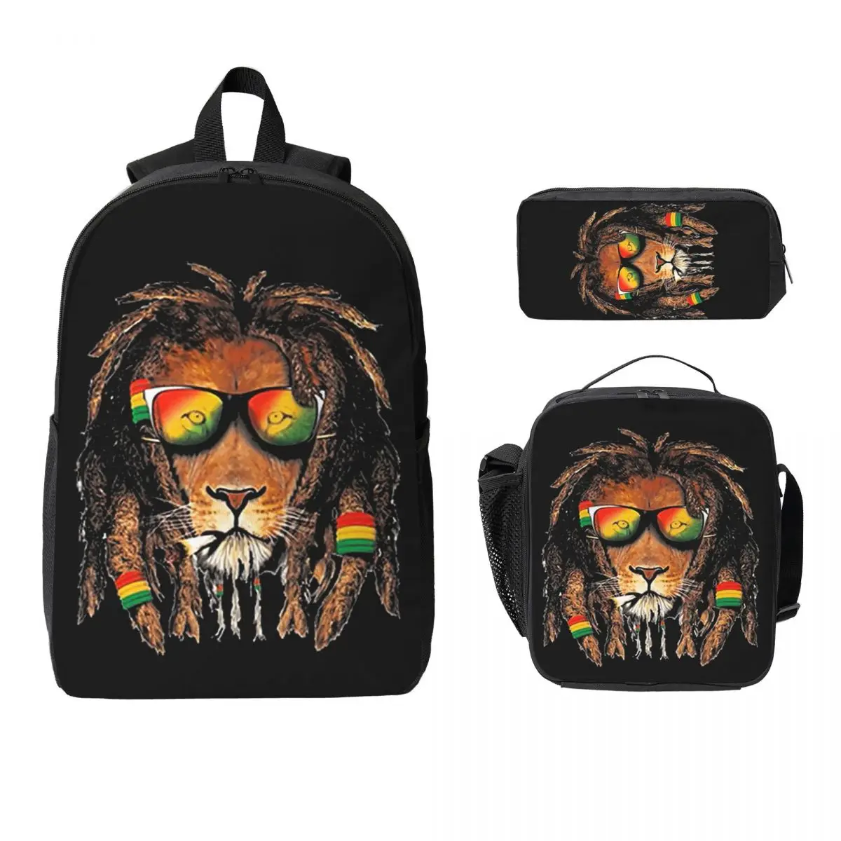 

Rastafarian Amaiquina Reggae Rasta Lion Street Skullies Backpack Boy Girl BookBag School Bag 3ps Insulated Lunch Bag Pencil Case