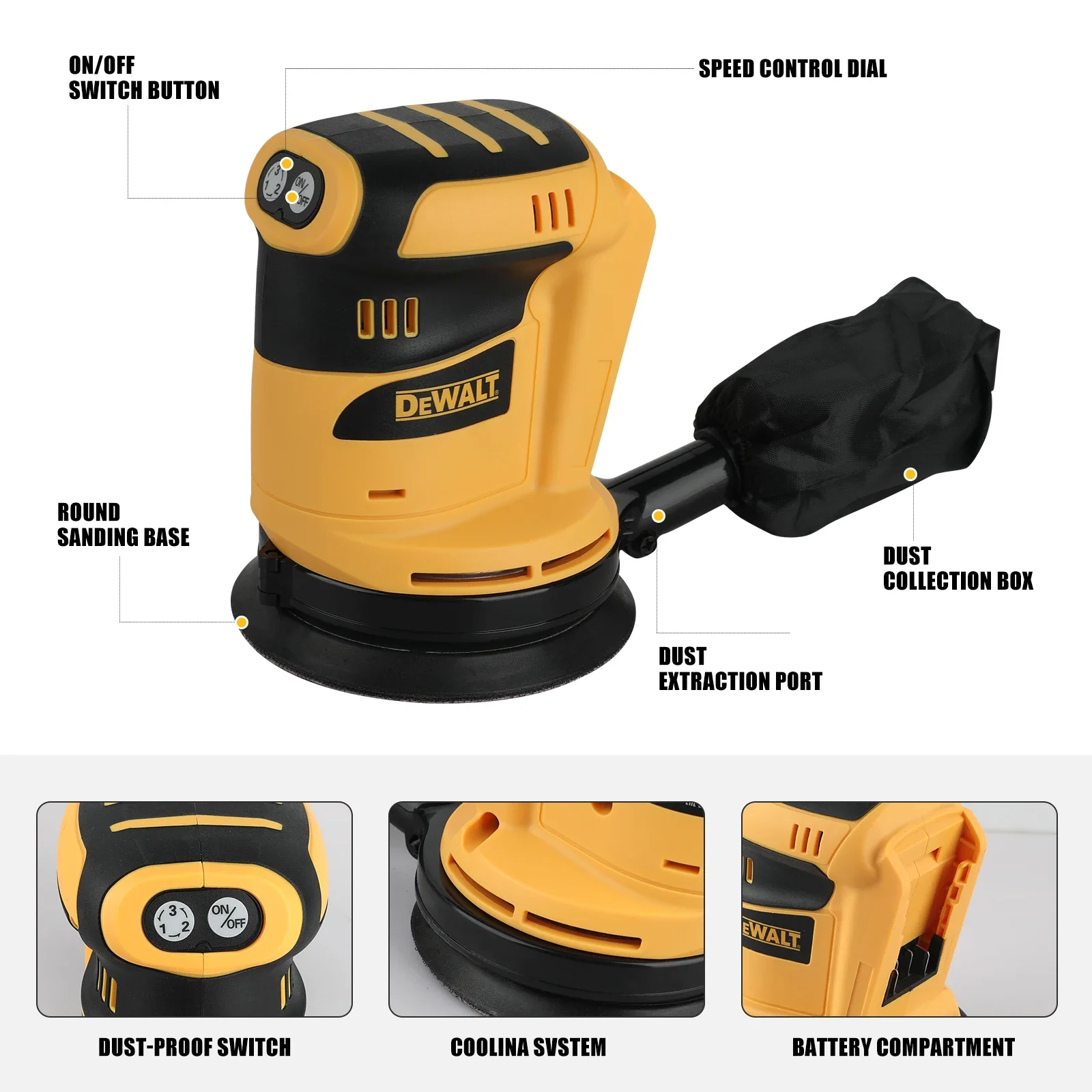 DEWALT DCW207B 20V MAX XR Brushless Random Orbital Sander 125mm 8000-12000OPM Variable Speed Bare Tool