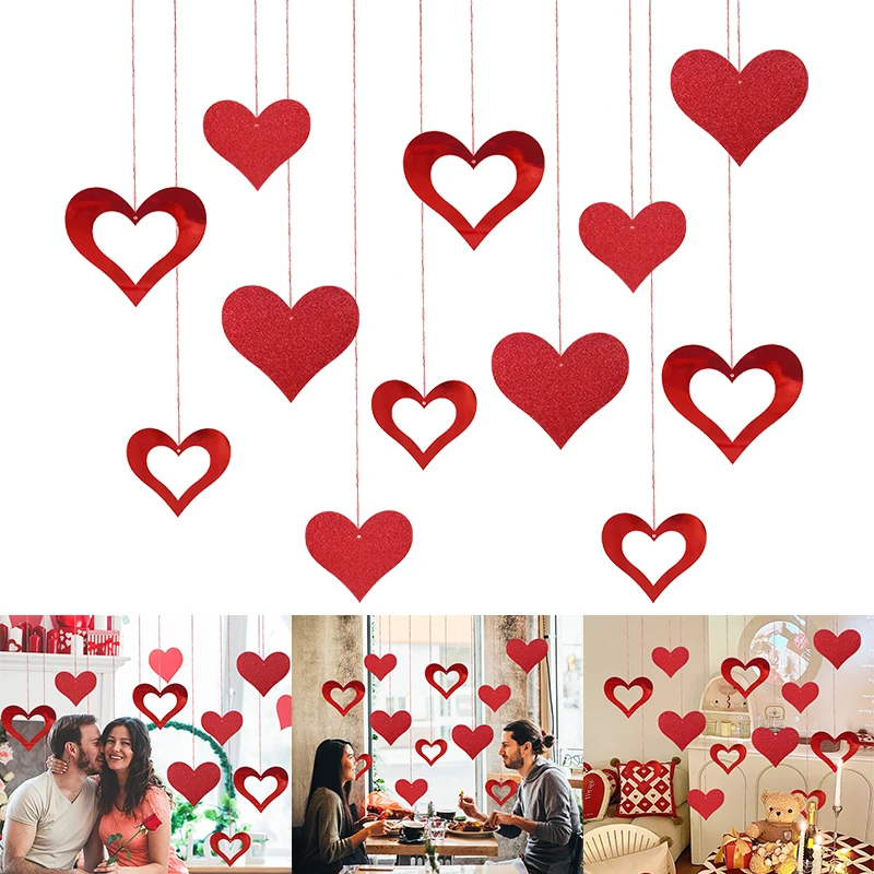 12PCS Valentines Day Heart Garland Banner Birthday Party Hanging Ornament Rain Silk Sequin Pendant Wedding Room Decoation Supply