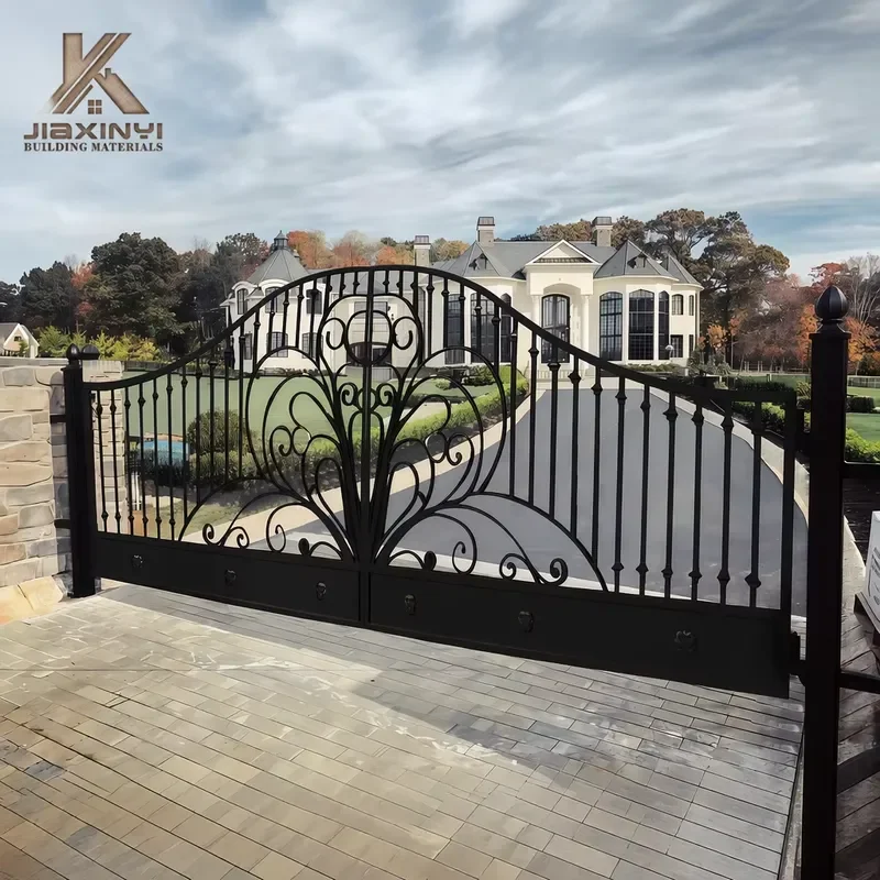 Modern Traditional Durable Villa Exterior Main Gate Courtyard Entrance Door Black Wrought Iron Steel Swing Driveway