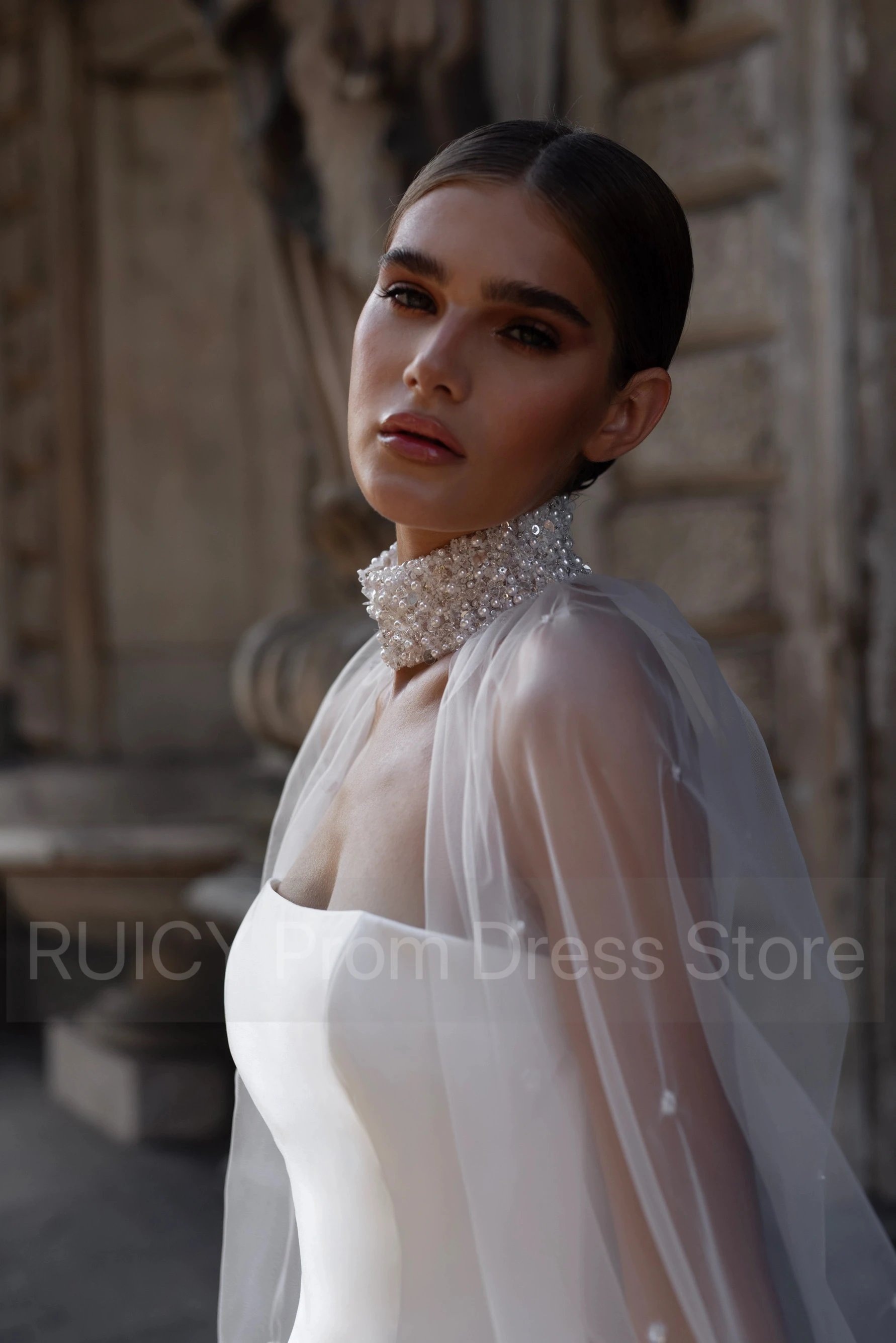 Luxury 2025 Wedding Dresses With Long Sleeve Detachable Pearls Beaded Neck Satin A-line Bridal Gowns For Women robe de mariée