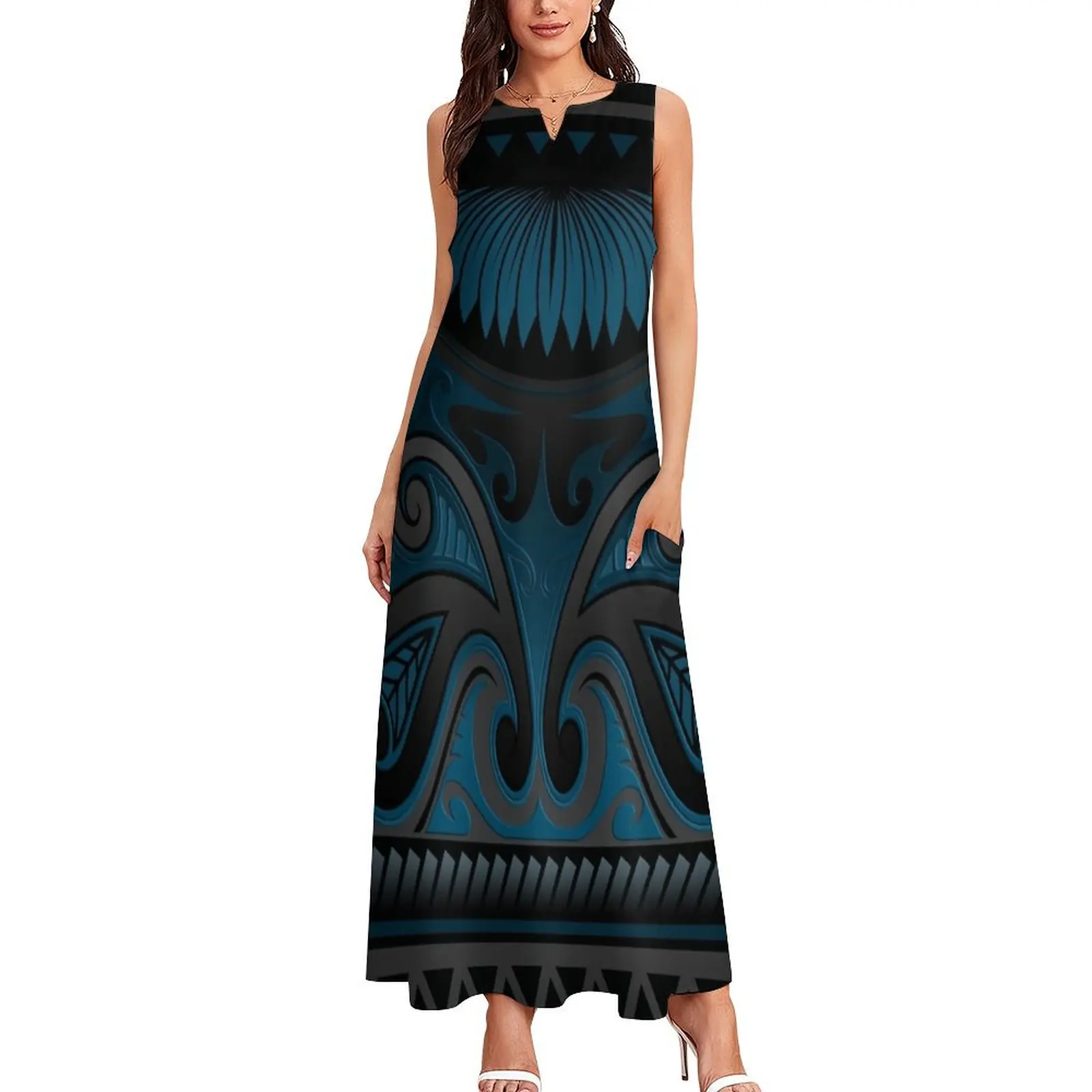 Blue Grey Ornate Māori Design, New Zealand Long Dress summer dress for women 2025 elegant dress dresses for special events