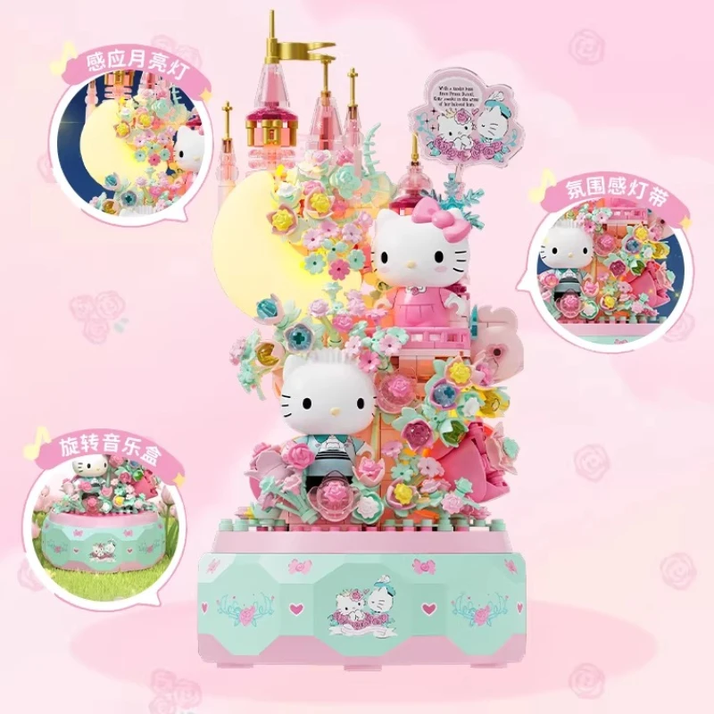 WONDER MOON Sanrio Building Blocks Hello Kitty Rotating Music Box Cartoon Assembled Toy Model Ornaments Birthday Gift