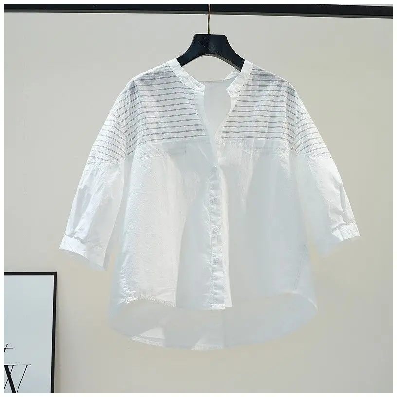 2024 New Summer Korean Commuting Minimalist Loose Blouses Three Quarter V-neck Irregular Patchwork Button Women\'s Shirt Top