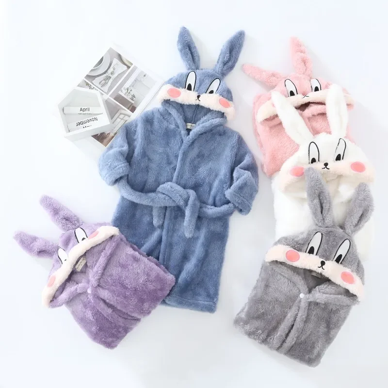 Winter Kids Hooded Bathrobe Baby Bath Robes Boys Girls Cute Cartoon Rabbit Flannel Pajamas Toddler Long Sleeve Towel Robe