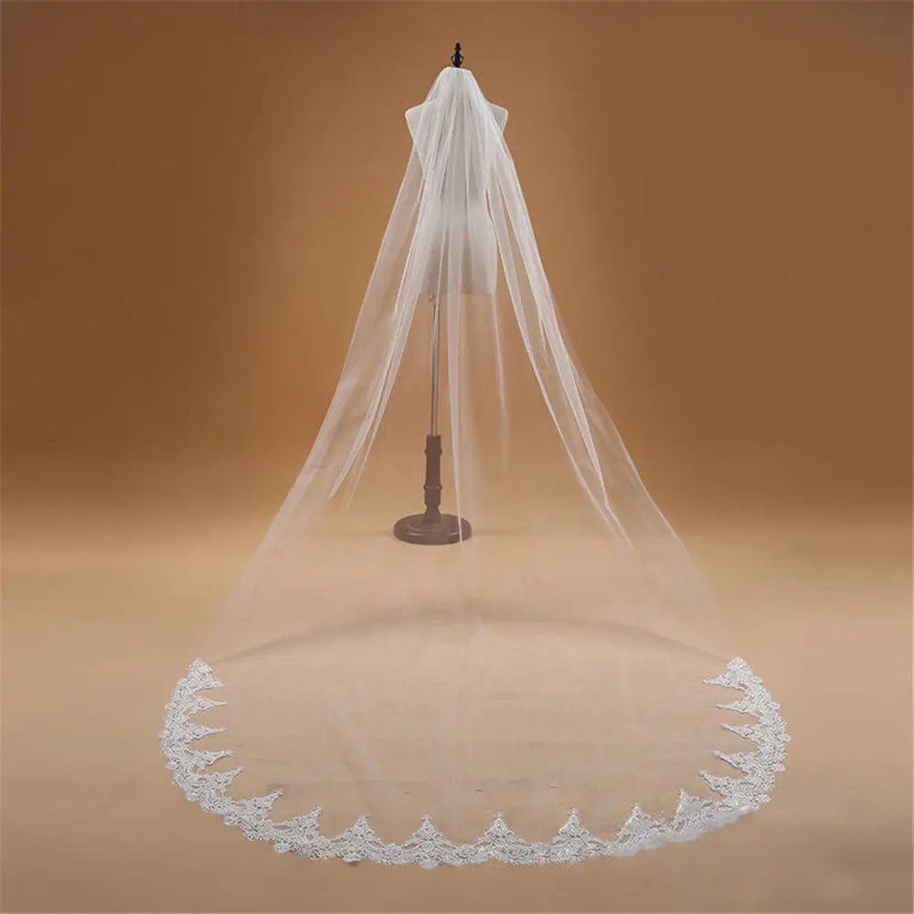 Voile Mariage 3 M ชั้นขอบลูกไม้สีขาวงาช้างแต่งงาน Wedding Veil เจ้าสาวยาวราคาถูกผู้หญิงอุปกรณ์เสริม Veu De noiva