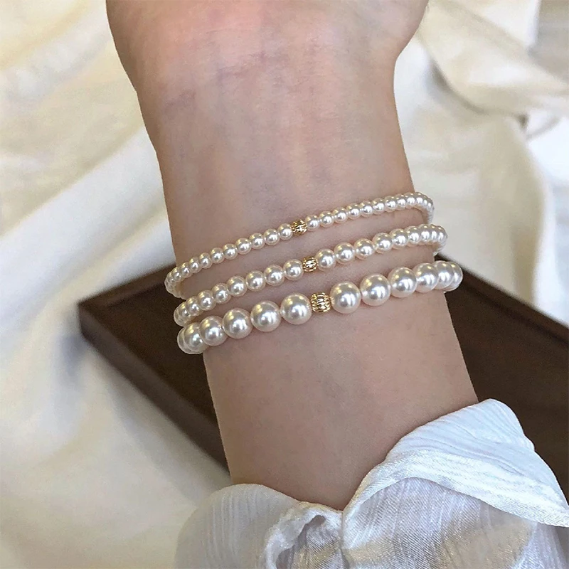 925 sterling silver Pearl Bracelet Set for Women Beaded Stretch Strand Bracelets for Bridesmaid,Bridal,Party Jewelry