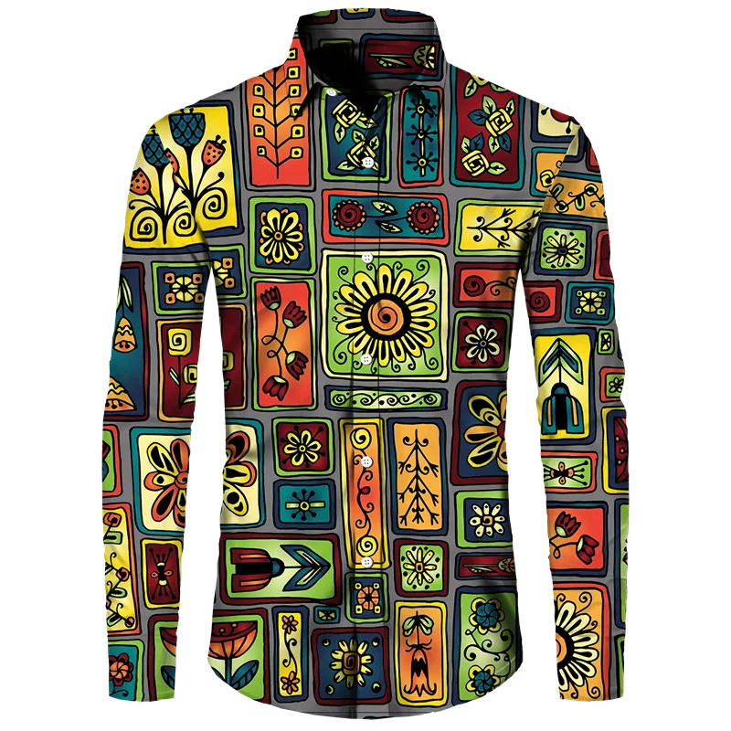 Colorful African Dashiki Print Men\'s Shirt Retro Ethnic Long Sleeve Lapel Button Top New Couple Street Wear