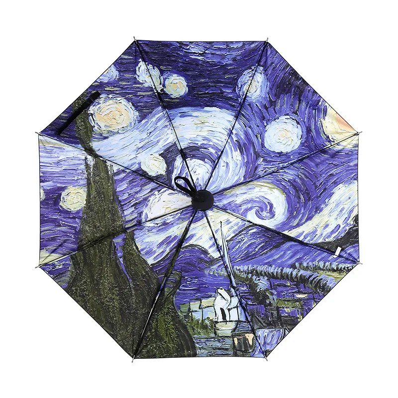 High Quality Folding Umbrella Female Windproof Paraguas Van Gogh Oil Painting Umbrella Rain Women Black Coating Parasol