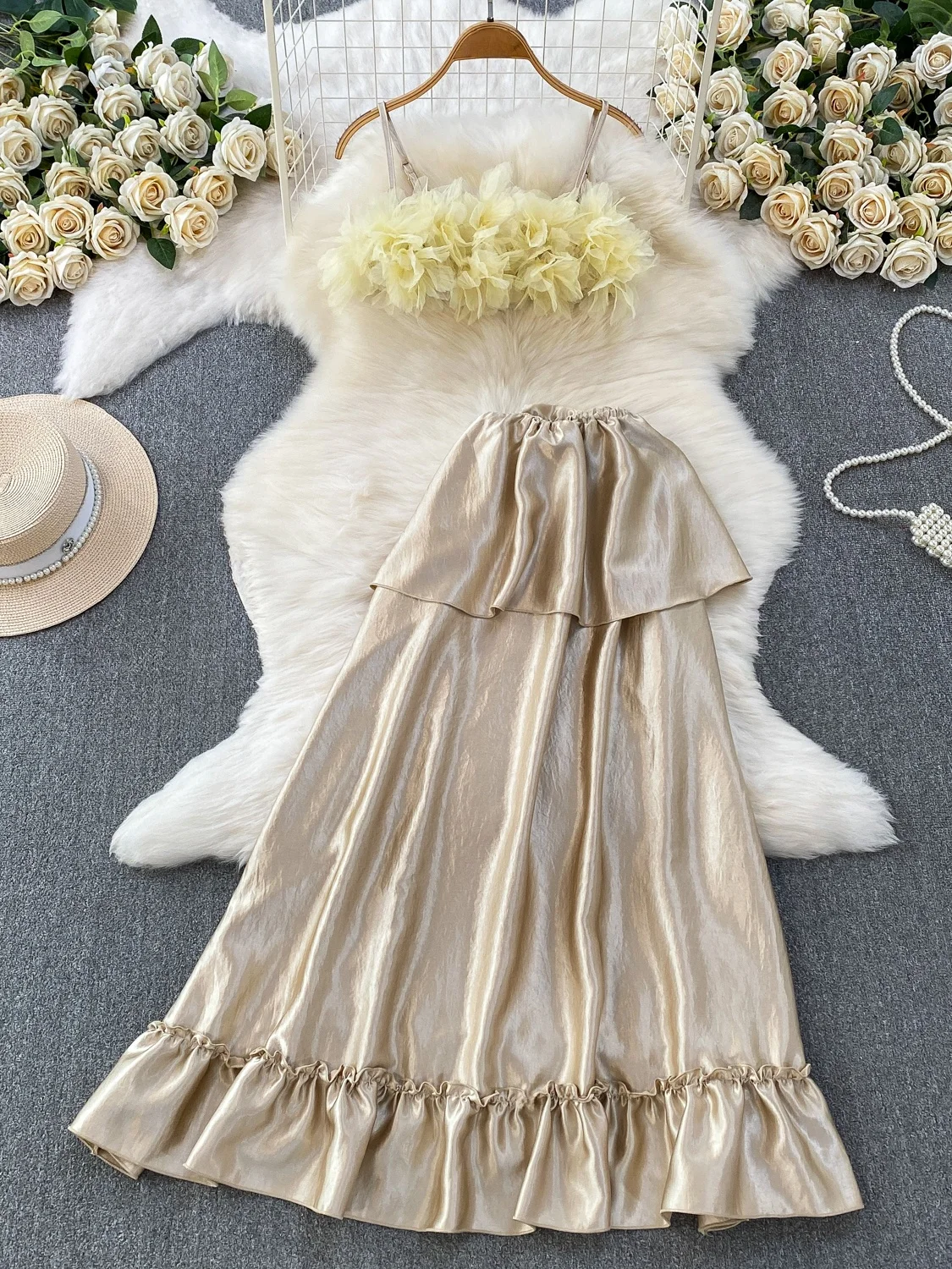 Elegant High Waist Short Strapless Dress Set with Unique 3D Flower Design And Lace Hemline Slimming Long Skirt for Women