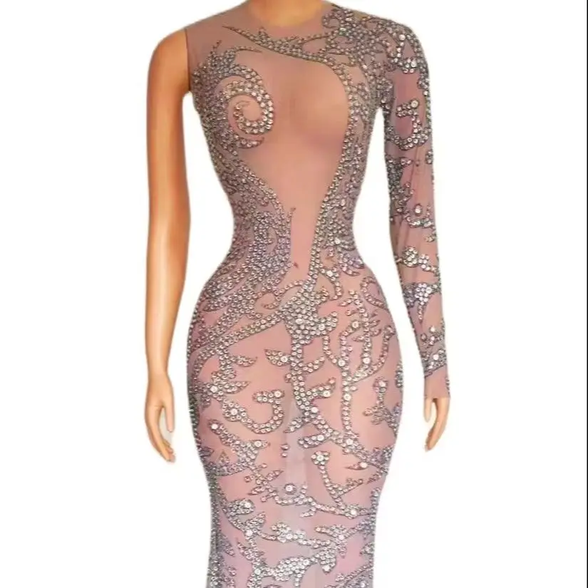 

Multi-Color Silver Rhinestones See Spandex Clothes Women Singer Outfit Bar Dance Dress
