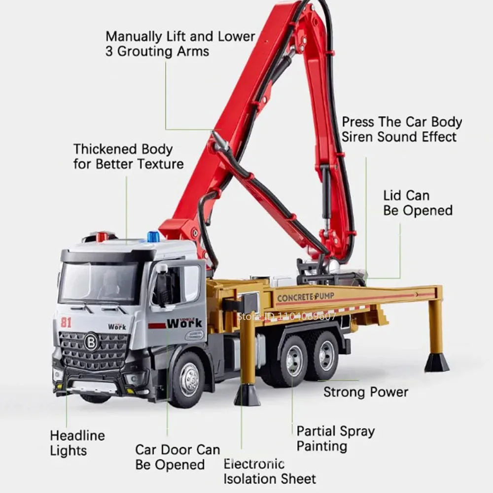 Camions à pompe à ciment en métal moulé sous pression, portes arrière à nervures, véhicules d'ingénierie ouverts, cadeaux de festival pour garçons, jouets modèles 1:24, son et lumière