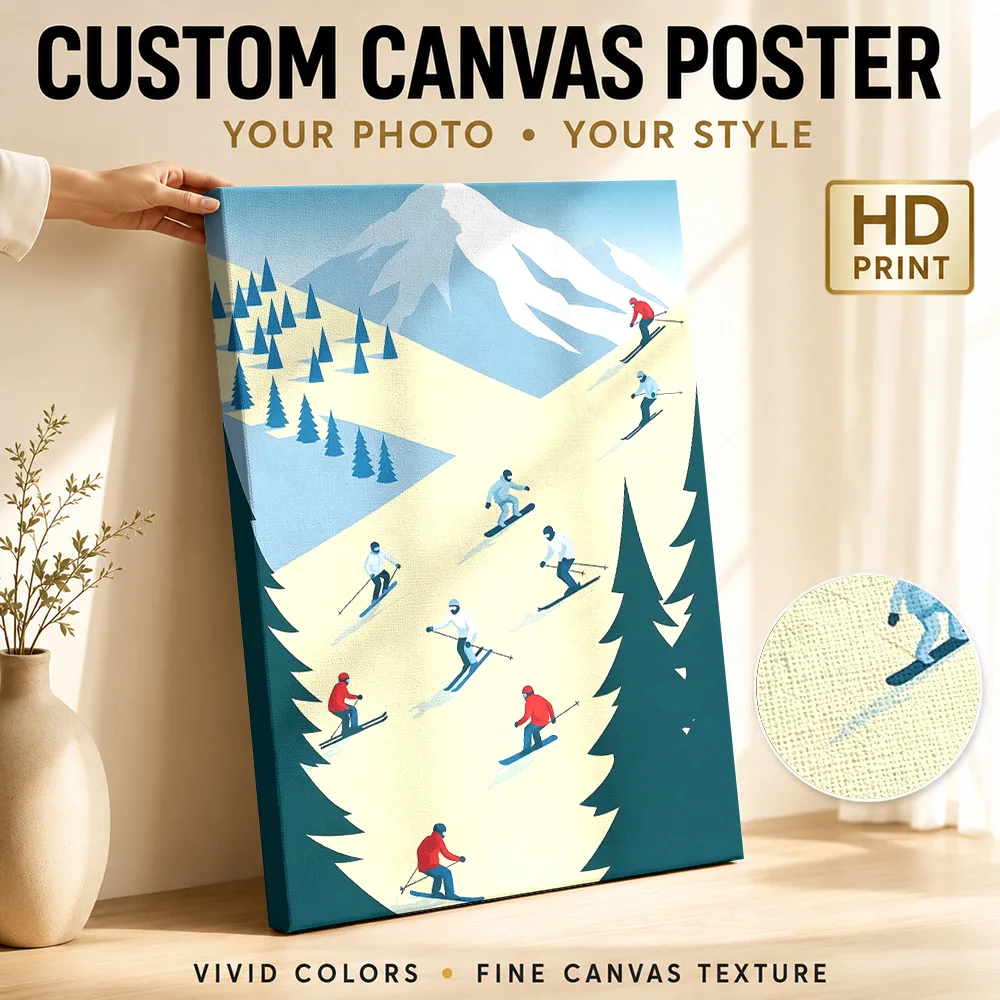 Skiers on Mountain Slope Illustration Framed Canvas Print Poster Personalized Photo Travel Landscape Wall Art for Office Decor