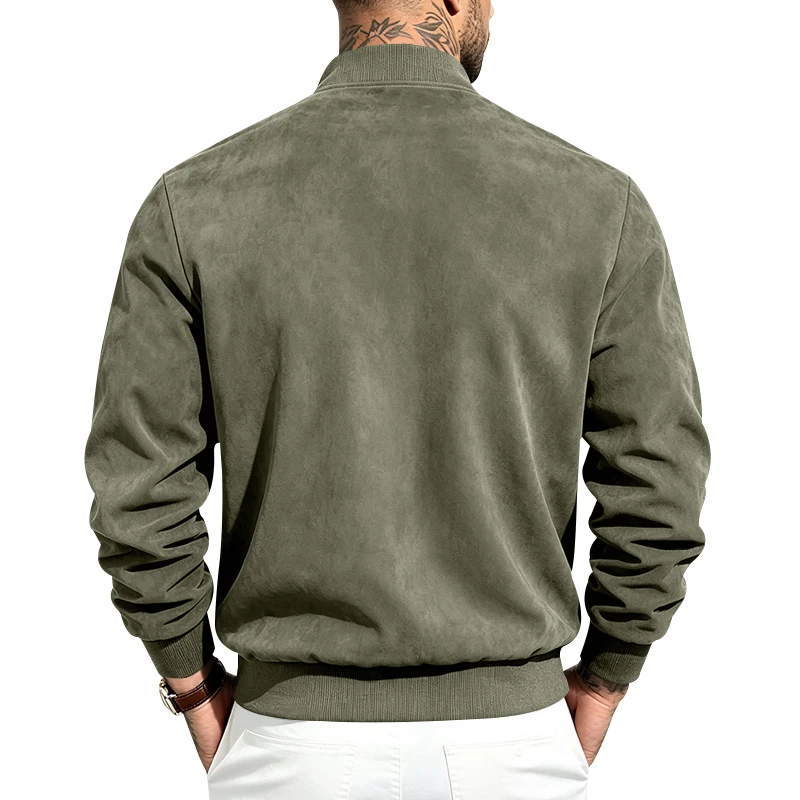 Men Faux Suede Er Jacket Classic Stand Collar Zip-Up Casual Flight Jacket Lightweight Slim Fit Baseball Coat Autumn Winter
