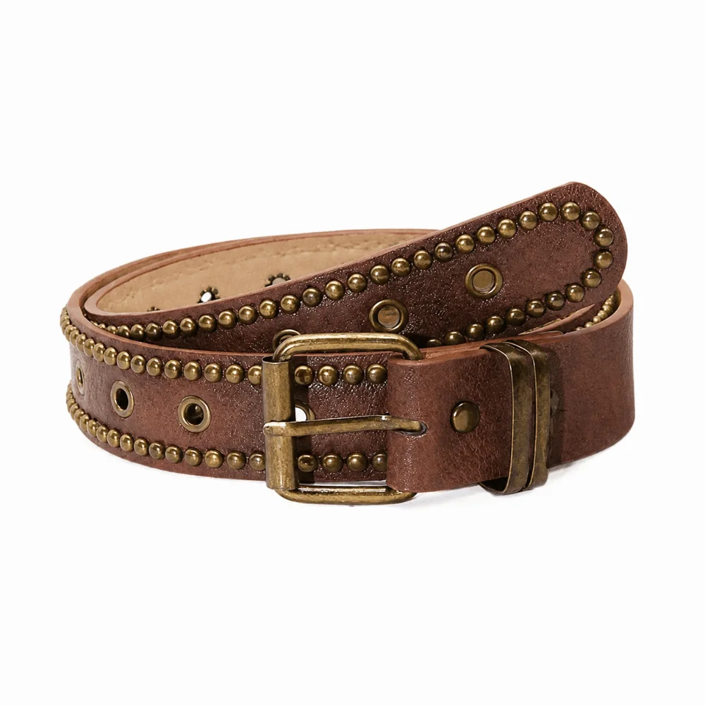 Rivet Studded PU Leather Belt Antique Bronze Pin Buckle Adjustable Studded Leather Belt Multi Hole Distressed Brown Waist Belt