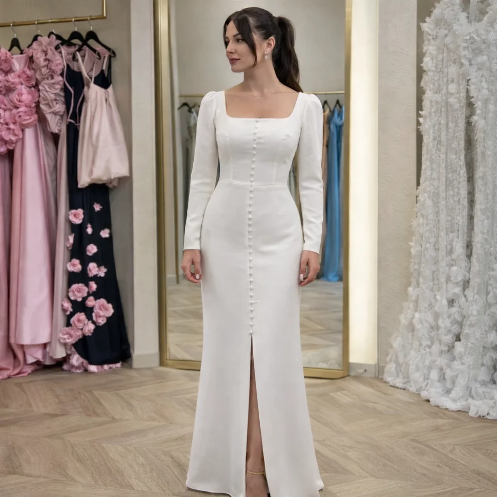 

Vintage Mermaid Wedding Dresses Slit Civil Long Sleeve Square Collar Button 2025 Bridal Dress Vestidos De Noiva Customized
