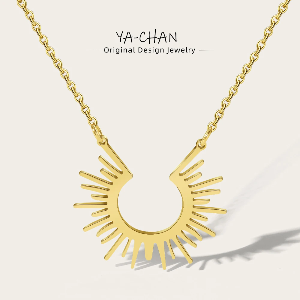 YACHAN Stainless Steel Chain Necklace for Woman Geometric Pendant Golden Half Circle Spiked Choker Necklaces Trendy Jewelry