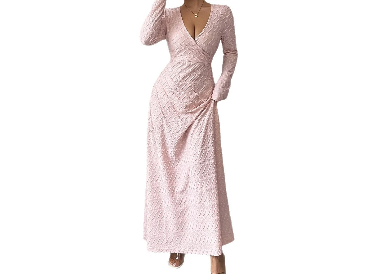 فستان أنيق بأكمام طويلة على شكل حرف V عميق فستان نسائي لخريف وشتاء 2025