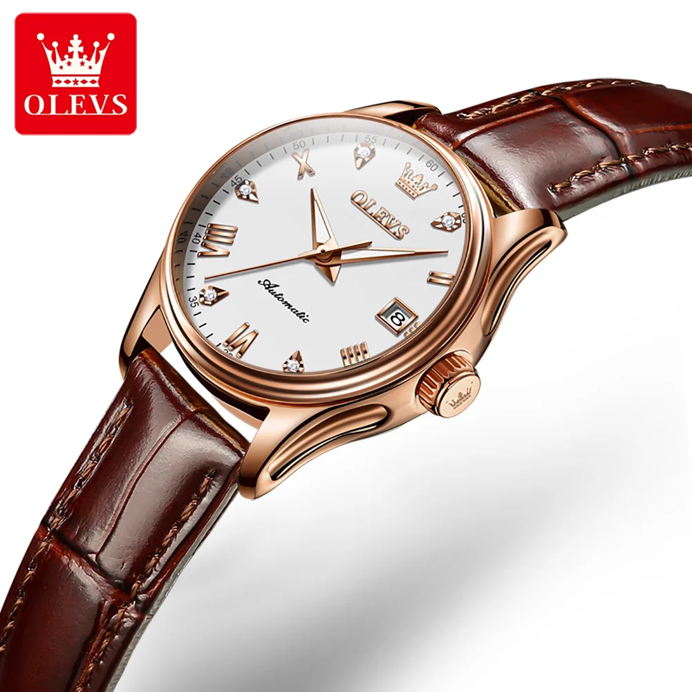 OLEVS 2023 New Automatic Winding Women Watch Genuine Leather Waterproof Date Mechanical Wristwatch Ladies Relogio Feminino