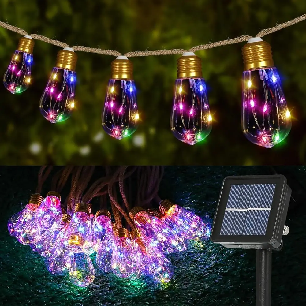 

Солнечные уличные гирлянды 24 фута, винтажные, из пеньковой веревки, с 20 небьющимися лампочками, 8 режимов, на солнечной энергии