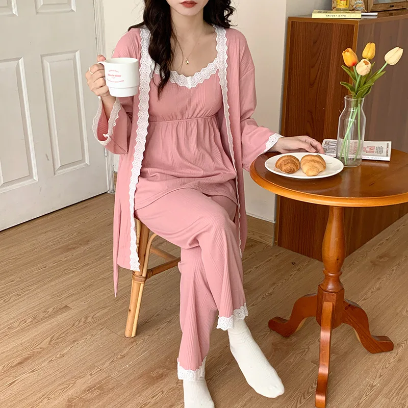 Одежда для родов с подушечками на груди, камзол для беременных, пижамный комплект для беременных, комплект из трех предметов для грудного вскармливания, послеродовая одежда для сна