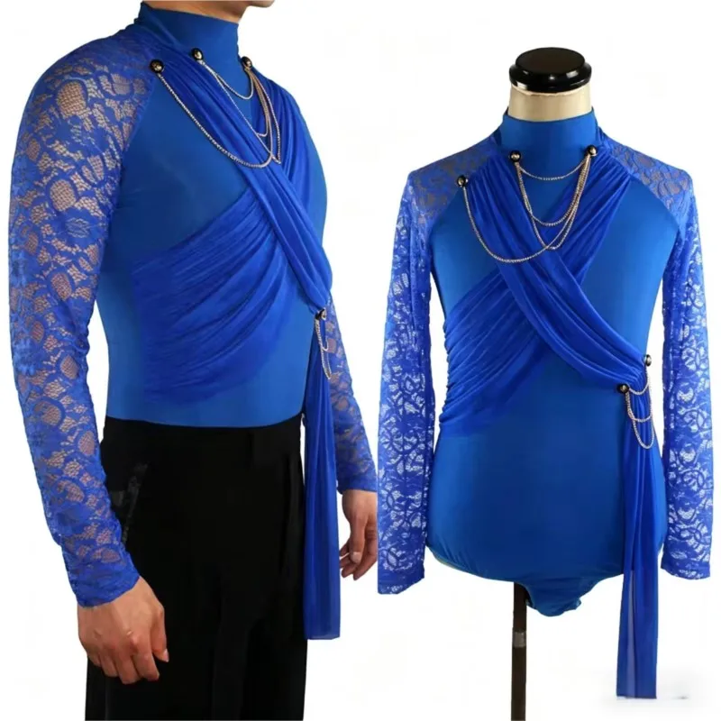 

Latin Dance Shirts Men Lace Print Long Sleeve Cha Cha Rumba Samba Dance High Collar Male Competition Performance Dancing Top