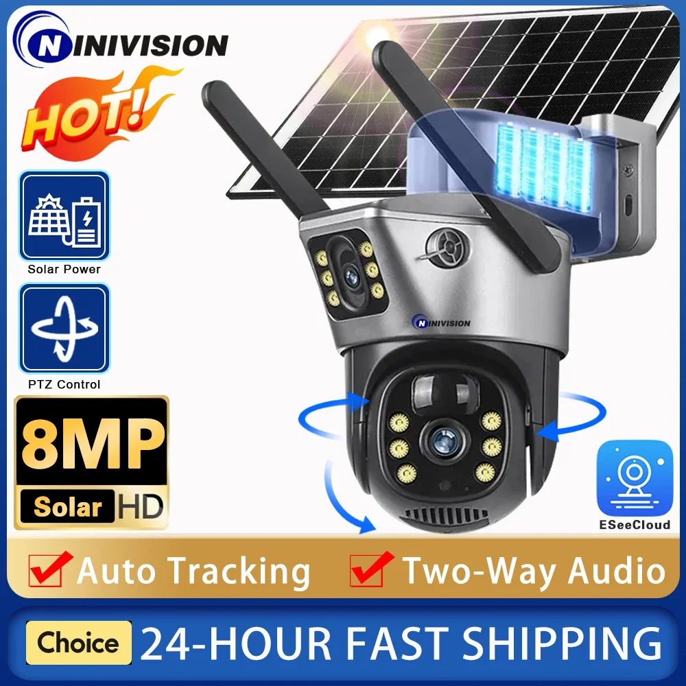 4K Dual Lens Solar Wireless PTZ IP Camera with AI Auto Tracking and Battery Power Outdoor CCTV Security Surveillance Camera 8MP