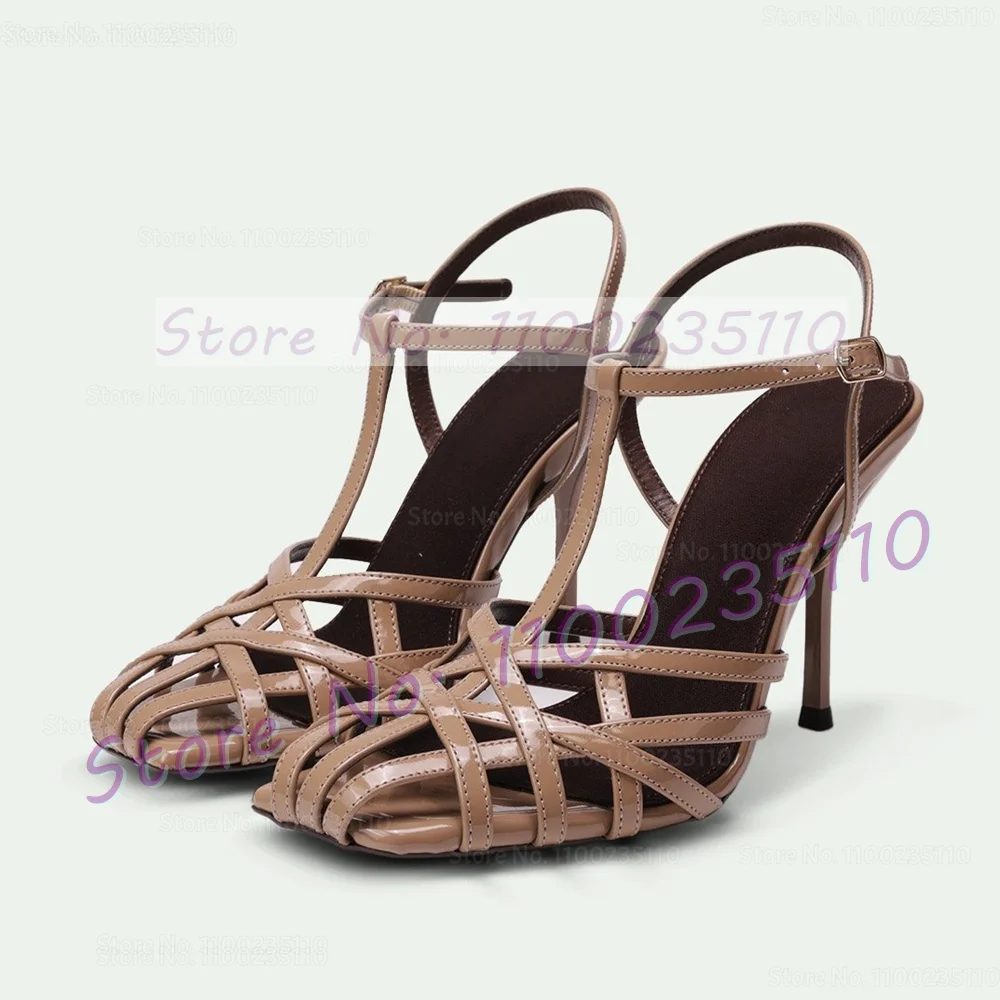 Khaki Shiny Leather Square Toe Sandals Women Luxury Cross Strap Caged Toe High Heels Ladies Sexy Party T Strap Ankle Wrap Shoes