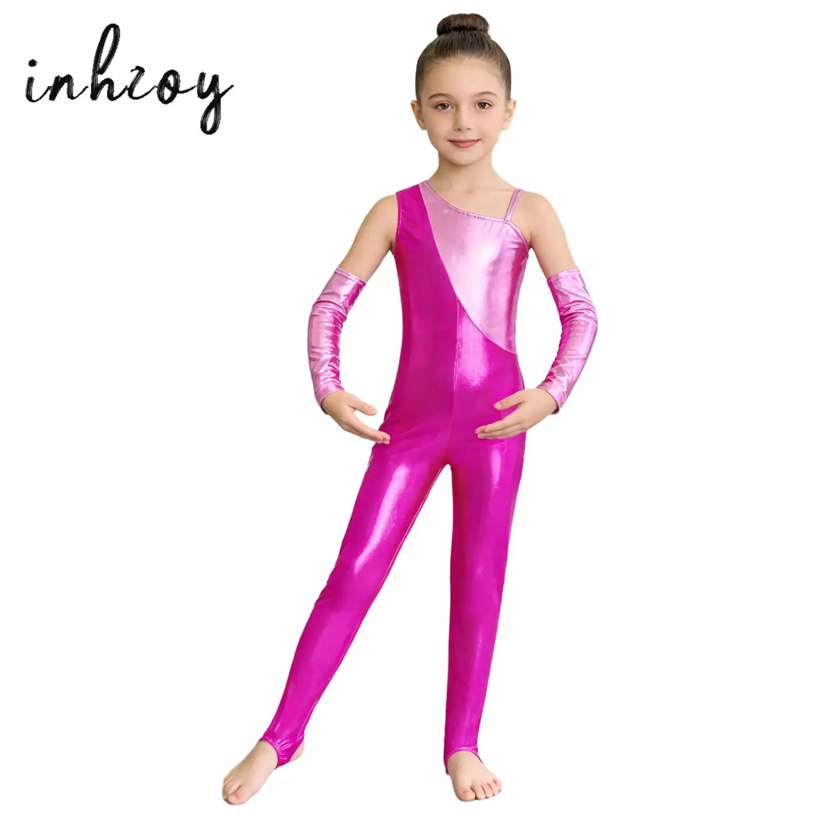 

Children Metallic Sleeveless Dance Suit Stirrup Bodysuits Catsuits Unitards Gymnastics Leotard Figure Skating Ballet Clothes