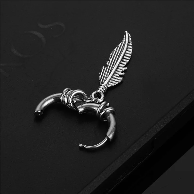 1PCS Unique Feather Pendant Hoop Earrings For Women Men Punk Style 316 Stainless Steel Dangle Drop Earrings Jewelry Gifts