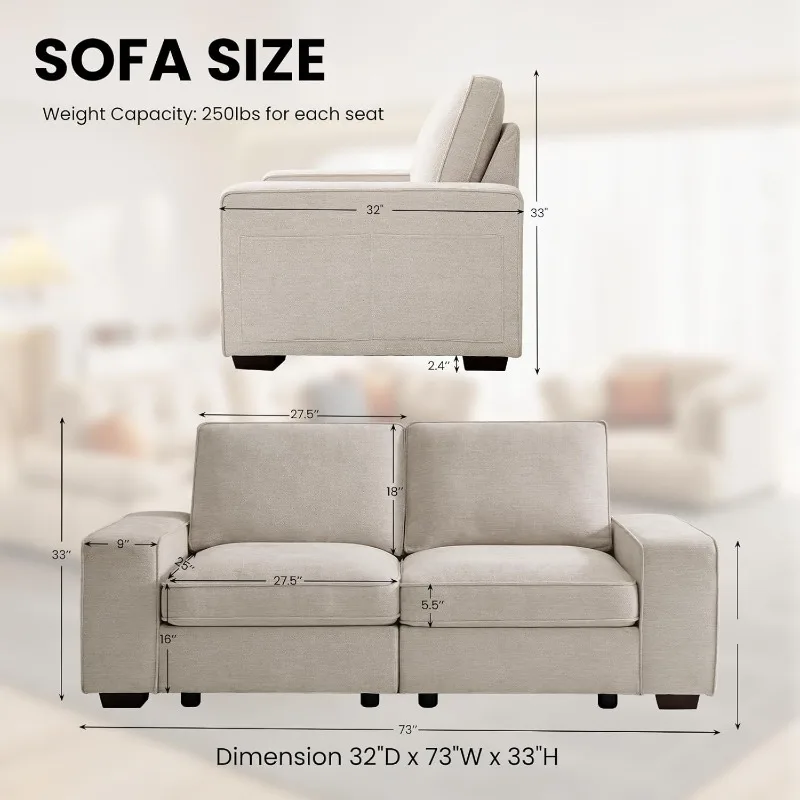 73" Modular Sofa Couch with Seat Storage, Modern 2-Seater Chenille Fabric Loveseat Sofa for Living Room, Office, Apartment image 2