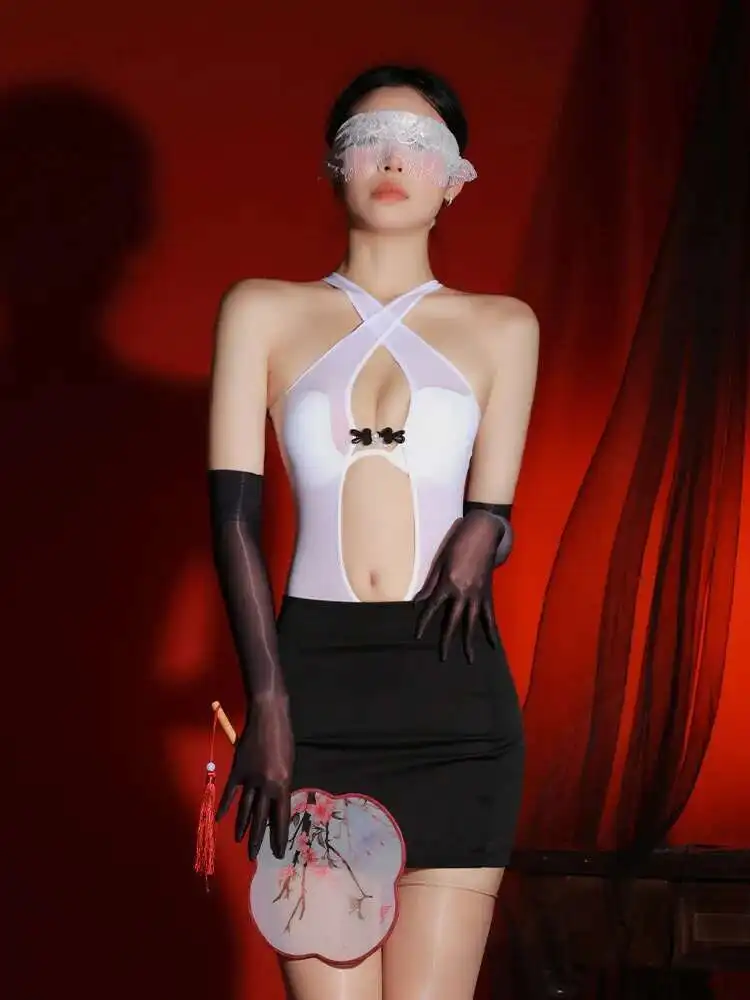 Cross hanging neck 6D horse oil bag buttocks tank mini tank mini dress iece silk leaking chest shiny oil dress elegant tops 6O1Y