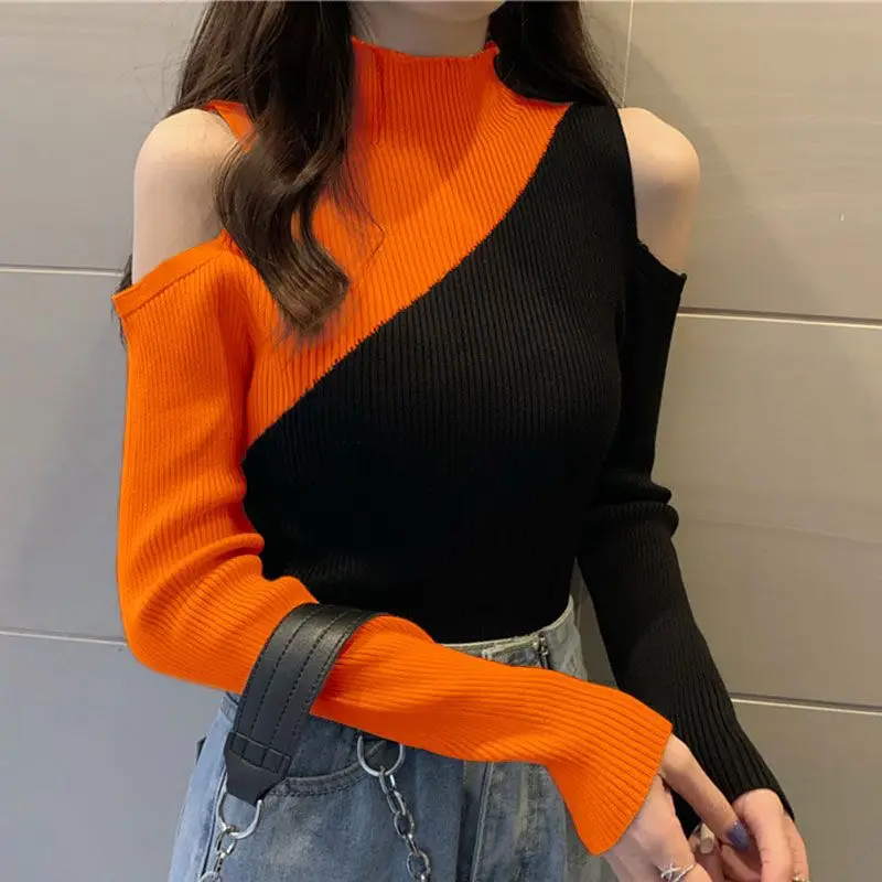 Fashion Stand Collar Spliced Off Shoulder Blouses Women\'s Clothing 2023 Autumn Winter Slim Korean Pullovers Office Lady Shirts