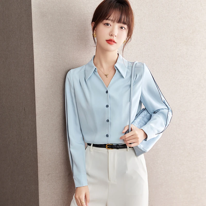 

Polo Collar Long Sleeved Chiffon Shirt For Women'S 2024 Spring Elegant And Light Cooked French Style Feeling Slimming Shirt