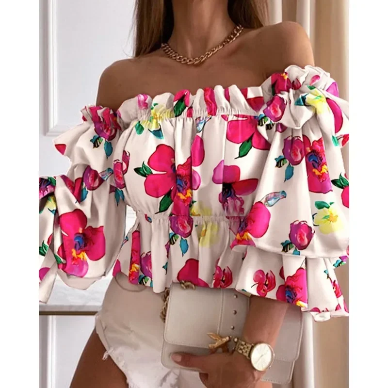 Spring Summer Women\'s Fashion Leisure Shirt Print Stacked Sleeve Middle Sleeve Shirt One Line Neck Off Shoulder Pleated Shirt