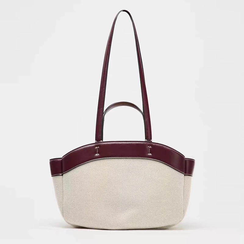 

Casual Panelled Canvas Baskets Bag Designer Women Shoulder Bags Luxury Pu Leather Patchwork Handbags Summer Beach Bag 2025