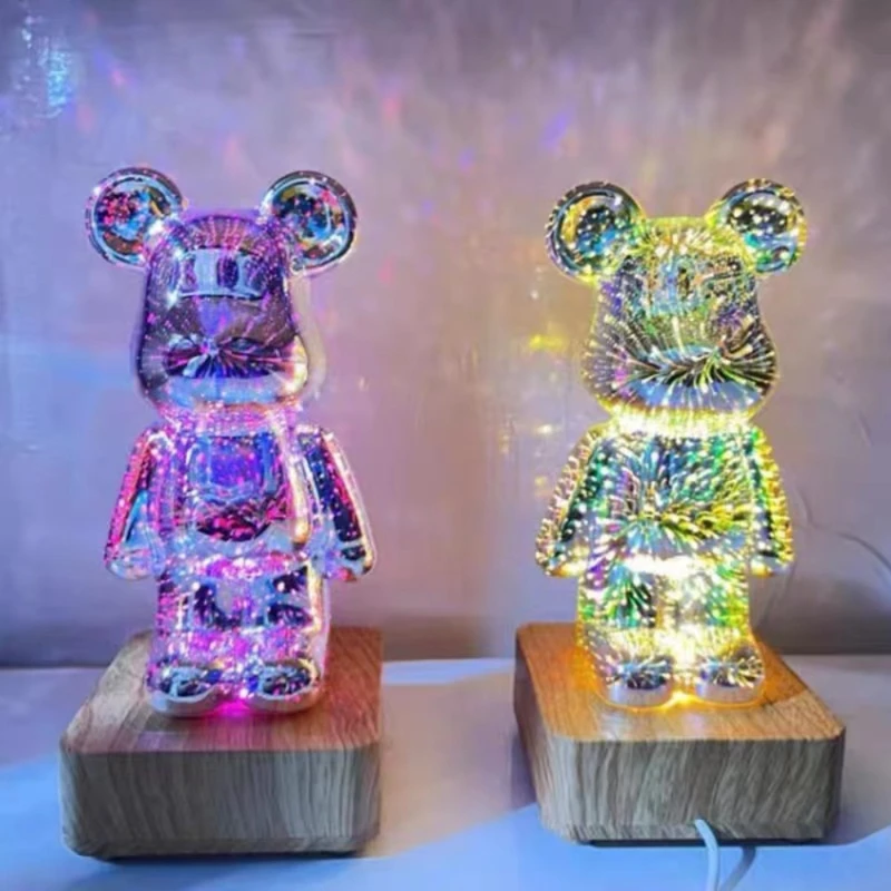 Fireworks Night Light 3D Bear Glass Led Lamp Room Decor Atmosphere Colorful Lights for Coffee Bar Bedroom USB Wood Base Lighting