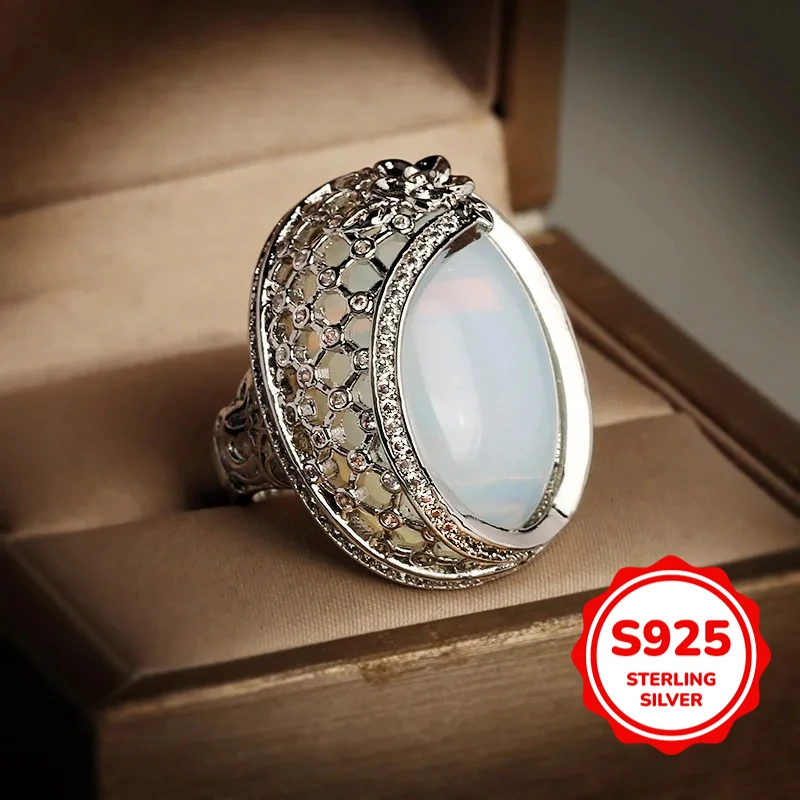 

Retro Exaggerated S925 Yintian Jade Egg Ring Women's Carved Pattern Atmospheric Personality Closed-On Finger Ring