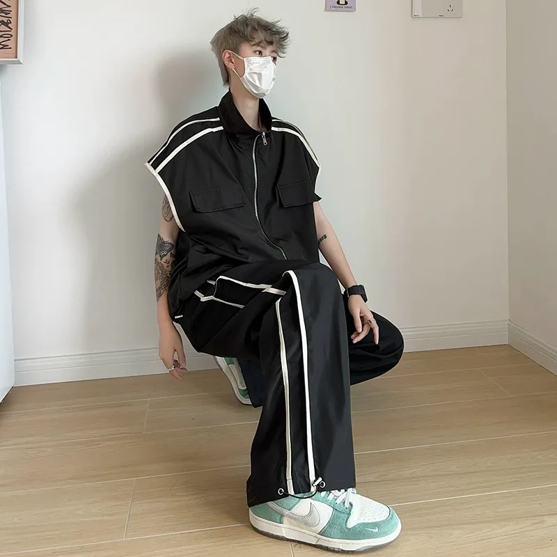 

Two Pieces Sets Summer Fashion Waistcoat Jacket Vest Men's Tops High Street Sports Suit Striped Basketball Sweatpants Pants