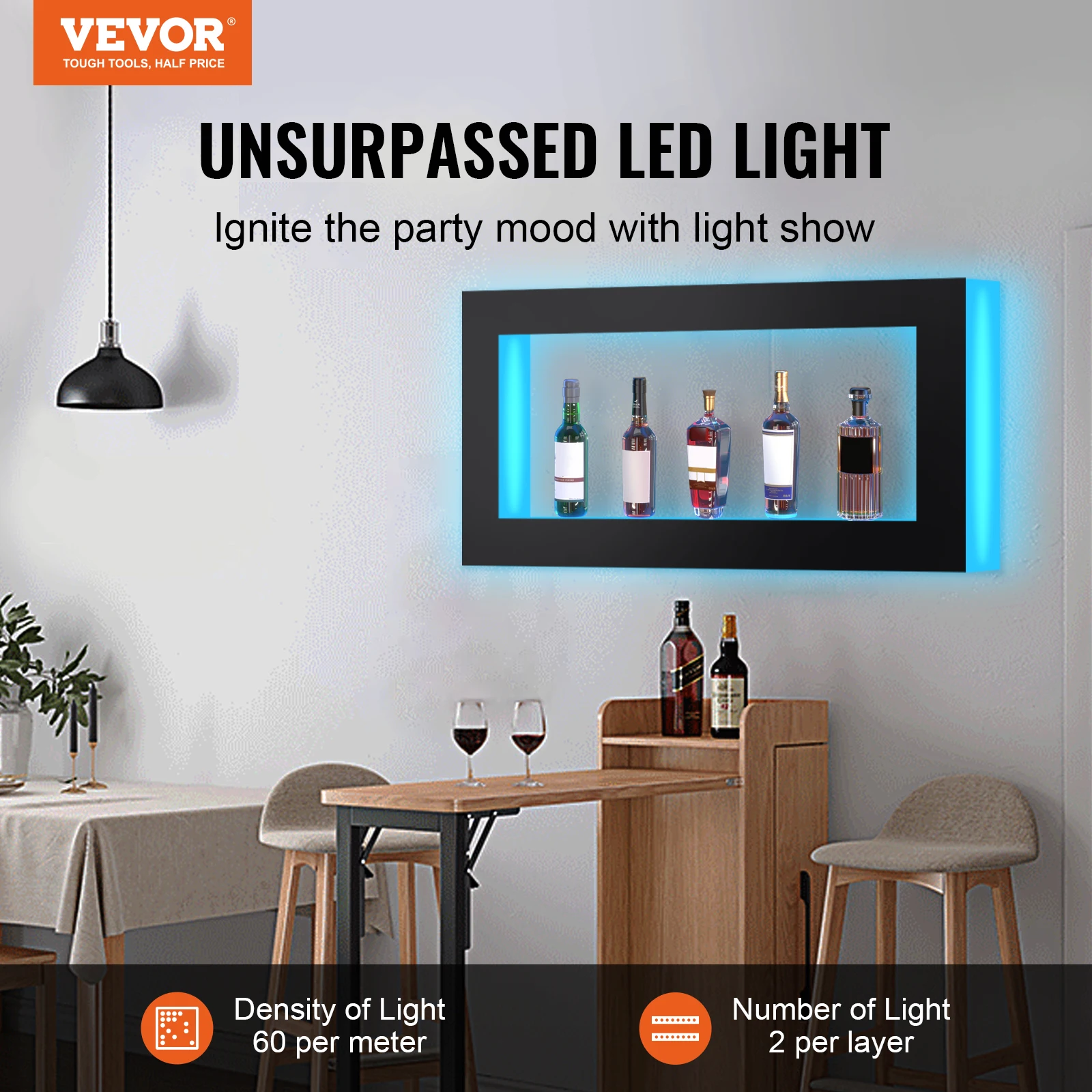 VEVOR LED Lighted Liquor Bottle Display, Illuminated Home Bar Shelf w/RF Remote & App Control 7 Static Colors 1-4 H Timing