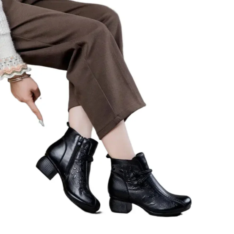 Printed High Heels with Hollowed Out Short Boots for Women Comfort Zipper Anti Slip Waterproof Simple Durable Leather Boots 2025
