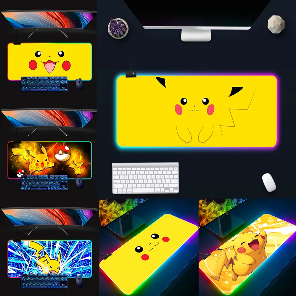 Cartoon Cute P-Pikachus RGB Pc Gamer Keyboard Mouse Pad Mousepad LED Glowing Mouse Mats Rubber Gaming Computer Mausepad Funda