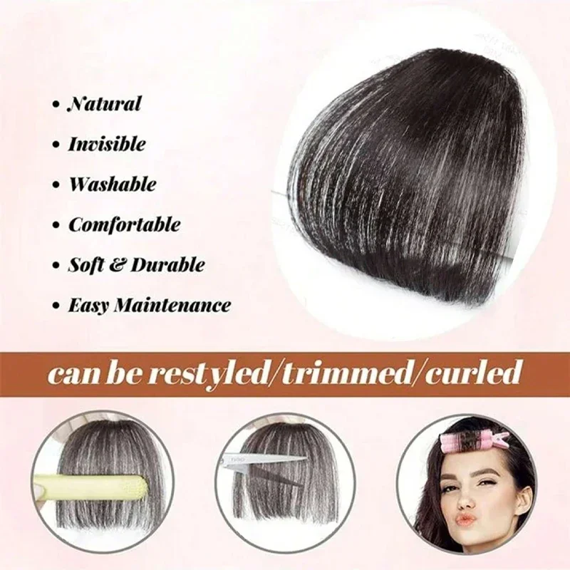 100% menschliches Haar unsichtbares Alter reduzierende Perücke mit natürlich flauschiger Luft knallt gerade Pony Haar teile Styling Accessoire Frauen