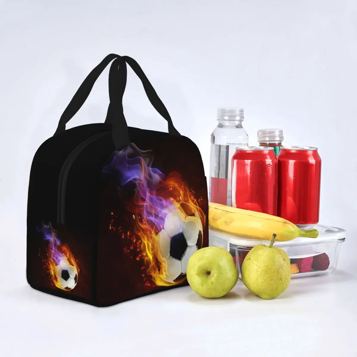 Fire Soccer Insulated Lunch Bag Portable Football Balls Sports Lunch Container Thermal Bag Tote Lunch Box Office Travel Girl Boy