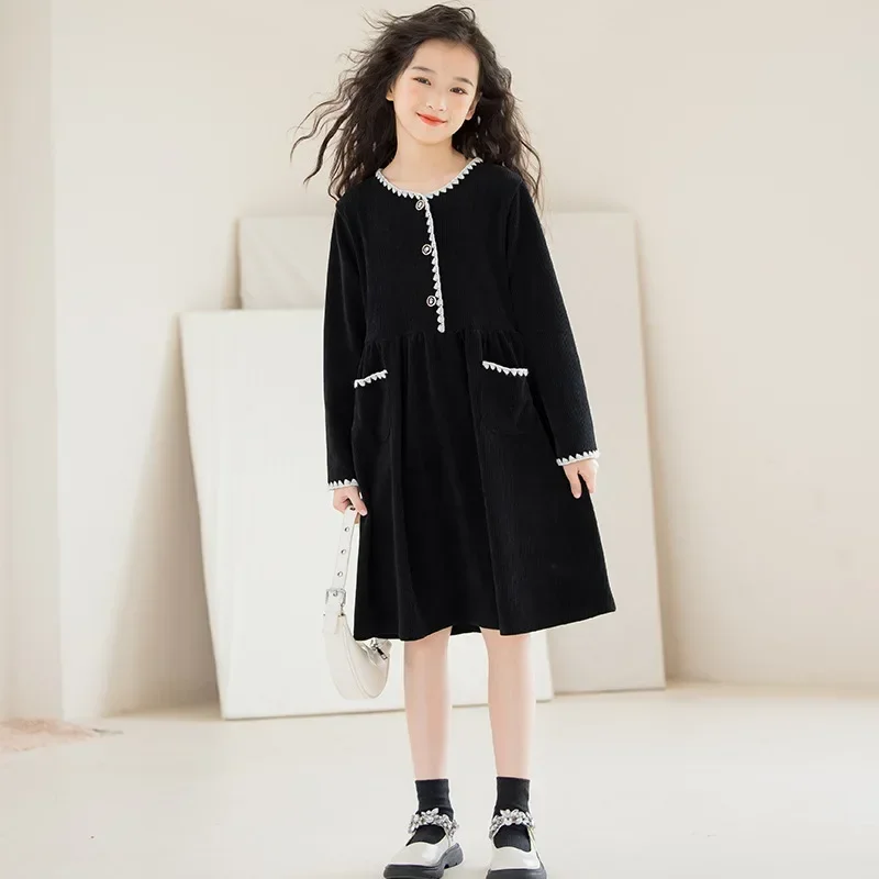 Girls Dress Autumn 2024 Black Fashion Chenille Children Princess Dress Casual Long Sleeve Teen School Kids Clothes 10 12 13 Year