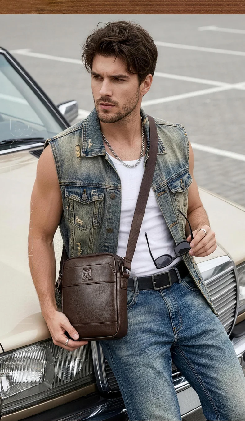 BULLCAPTAIN Herren-Umhängetasche, modische Ledertasche, trendige Retro-Herren-Umhängetasche aus hochwertigem Rindsleder. – Detail 4