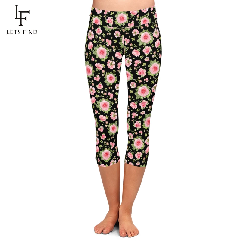 LETSFIND Summer Beautiful Flowers Print Capri Leggings High Waist  Soft and Comfortable Fitness Mid-Calf Leggings