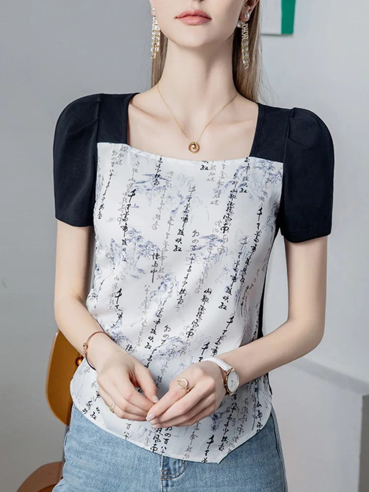 Fangling Chinese Style Printed T-Shirt Short Sleeved 2025 Summer New Item Chiffon Splicing Women's Bubble Sleeve Top Small Shirt