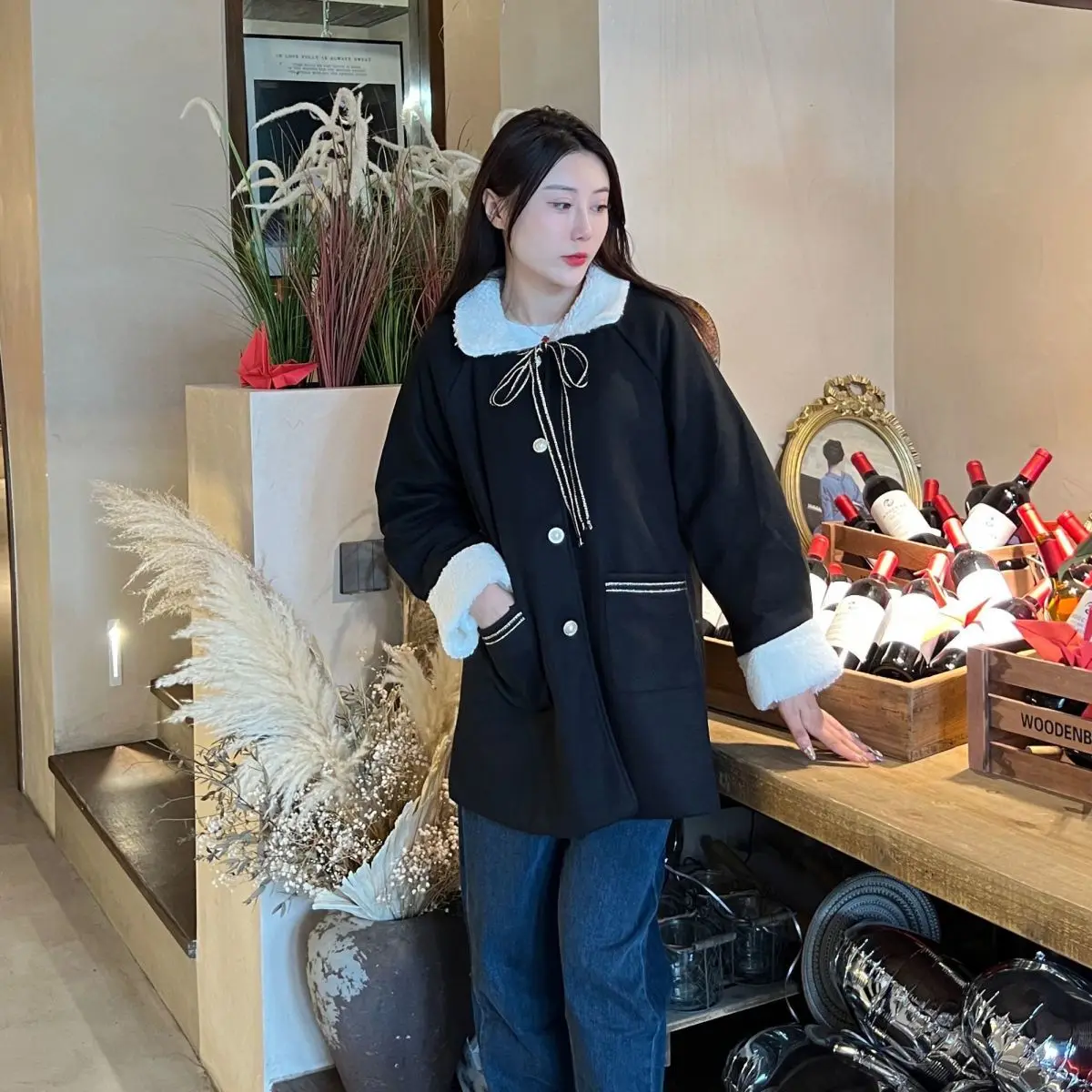 Korea New Fashionable Hepburn Style Lamb Woolen Coat for Women Autumn New Cool High-end Loose Thick Woolen Coat for Women